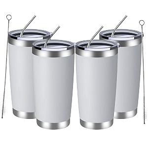 meway 20oz tumbler 4 pack double wall vacuum insulated travel mug bulk stainless steel tumblers with lid and straw durable powder coated coffee cups for cold amp hot drinks white 4
