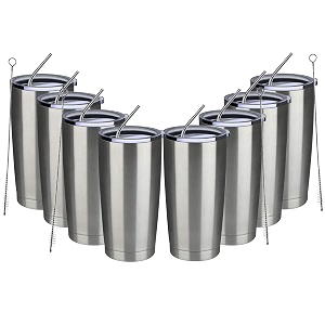 meway 20oz tumbler 8 pack double wall vacuum insulated travel mug bulk stainless steel tumblers with lid and straw durable powder coated coffee cups for cold amp hot drinks silver 8