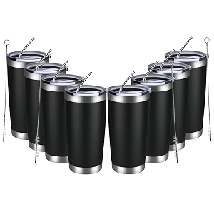 meway 20oz tumbler 8 pack double wall vacuum insulated travel mug bulk stainless steel tumblers with lid and straw durable powder coated coffee cups for cold amp hot drinks black 8