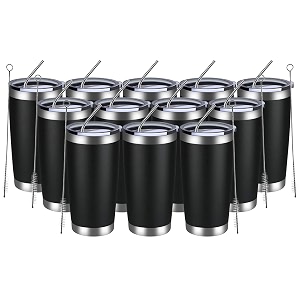 meway 20oz tumbler 12 pack double wall vacuum insulated travel mug stainless steel tumbler with lid straw durable powder coated insulated coffee cup for cold amp hot drinks black 12