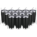 MEWAY 20oz Tumbler 12 Pack Double Wall Vacuum Insulated Travel Mug, Stainless Steel Tumbler with Lid, Straw, Durable Powder Coated Insulated Coffee Cup for Cold &amp; Hot Drinks (Black, 12)