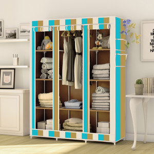 mezire 3 door 10 shelf digital print pp collapsible wardrobe finish color - beige strip modern print diydo-it-yourself