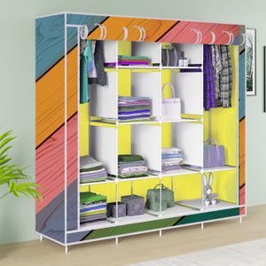 mezire 3 door 12 shelf printed pp collapsible wardrobe finish color - colorful wood print diydo-it-yourself