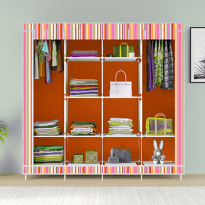 mezire 3 door 12 shelf printed pp collapsible wardrobe finish color - orange strip print diydo-it-yourself