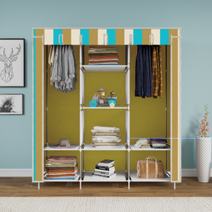 mezire 3 door 8 shelf printed pp collapsible wardrobe finish color - beige strip printed diydo-it-yourself