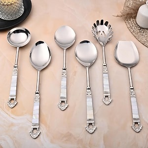 designer stainless steel serving spoon set of 6 piece with silver finished serving utensils set easy to clean amp dishwasher safe smooth amp comfortable color- silver