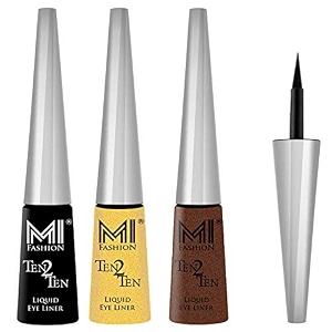 mi fashion quick dry liquid eyeliners combo of 3 pcs water resistant cruelty free high shine long stay - black golden shimmer brown shimmer