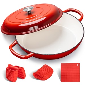michelangelo cast iron braiser pan with lid 30cm 35l enameled casserole dish covered shallow dutch oven enamel cast iron cookware with silicone accessories oven safe braiser-cherry red