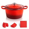 MICHELANGELO Dutch Oven 24cm/4L, Enameled Dutch Oven Cast Iron, Dutch Oven Cookware, Enameled Cookware, Cooking Pot with Silicone Handles &amp; Mat, Red