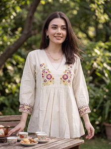 MICORIA Casual Embroidered Women Beige White Top
