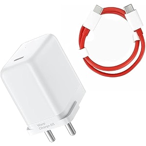 original warp 65 watt travelling charger adapter and type c to type c cable compatible with oneplus 6  6t 7  7t 7t pro type c to c charger white