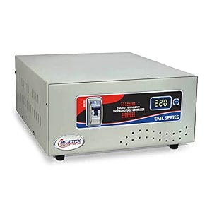 microtek eml 5090 mainline voltage stabilizer  90v - 3005v  digital display  auto start  low amp high cut-off  energy efficient  metallic grey  2-year warranty  for whole home use