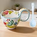 Microwavable Soup Bowl with Handle, Hand Painted Wreathed in Blossoms Decorative Soup Bowls with Handles, Ceramic Soup Bowl with Spoon for Holding Fruits Cereal Snack, Chili, Ice Cream, Stew and Salsa