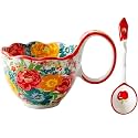 Microwavable Soup Bowl with Handle, Hand Painted Wreathed in Blossoms Decorative Soup Bowls with Handles, Ceramic Soup Bowl with Spoon for Holding Fruits Cereal Snack, Chili, Ice Cream, Stew and Salsa