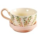 Microwavable Soup Bowl with Handle, Hand Painted Pink Lily of the Valley Decorative Soup Bowl with Handles, Ceramic Soup Bowl with Lid for Holding Fruits Cereal Snack, Chili, Ice Cream, Stew and Salsa