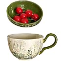 Microwavable Soup Bowl with Handle, Hand Painted Wind Chime Flower Decorative Soup Bowls with Handles, Ceramic Soup Bowl with Lid for Holding Fruits Cereal Snack, Chili, Ice Cream, Stew and Salsa Etc.