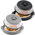 Microwave Splatter Cover for Food with Anti-scald Base Plate,Large Plastic & Silicone Vented Avoid Scalding Collapsible Guard Lid, Plate & Kitchen Colander for Meal Prep-10.7 Inch (2pcs-Gray-Black)