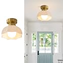 Mid Century Brass Ceiling Light Industrial Glass Hallway Light Fixtures Retro Vintage Semi Flush Mount Close to Ceiling Light for Entryway Bathroom Foyer, Dome, White, X8022-Father