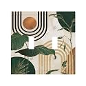 Mid Century Green Boho Sun Leaf Decorative 2 Gang Double Toggle Outlet Light Switch Cover, Two Gang Toggle Wall Plate Electrical Faceplate Dual Device Switchplate