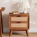Solid Wood Rattan Nightstand with Drawer, Mid Century Modern Bedside Table, Wooden Side Table for Bedroom Living Room, Handcrafted Cane Furniture, Dark Walnut Finish (Regular Finish)