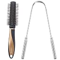 Midazzle Premium Round Hair Brush with Stainless Steel Tongue Cleaner, Set of 2, Black