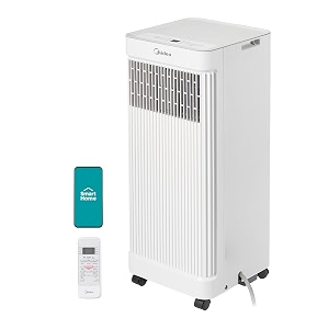 midea 8500 btu ashrae 5000 btu sacc portable air conditioner smart control cools up to 150 sq ft with dehumidifier amp fan mode easy- to-use remote control amp window installation kit included