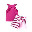 MIGU Girls Clothes Summer Halter Neck Ruffle Sleeveless Top Fashion Cute Floral Belt Shorts Two Piece Outfit Set Size 6-12