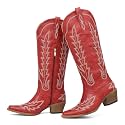 mikarka Western Cowboy Boots for Women Cowgirl Knee High Boots Pointed Toe Chunky Heel Faux Leather &amp; Suede Vintage Classic Tall Boots