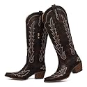 mikarka Western Cowboy Boots for Women Cowgirl Knee High Boots Pointed Toe Chunky Heel Faux Leather &amp; Suede Vintage Classic Tall Boots