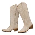 mikarka Western Cowboy Boots for Women Cowgirl Knee High Boots Pointed Toe Chunky Heel Faux Leather &amp; Suede Vintage Classic Tall Boots