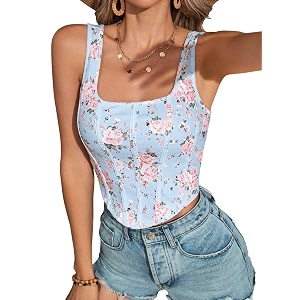 mikuchiku Womens Floral Corset Tank Top Printed