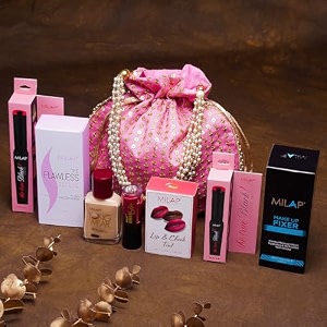 milap special festive makeup set pack of 7 makeup items with potli primer foundation 03 fixer tint gangubai true black eyeliner true black mascara urban matte 715