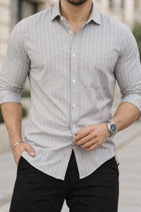 MILDIN Men Striped Casual Grey Shirt