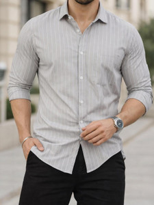 MILDIN Men Striped Casual Grey Shirt