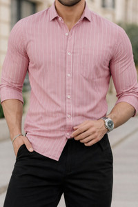 MILDIN Men Striped Casual Pink Shirt