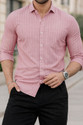 MILDIN Men Striped Casual Pink Shirt