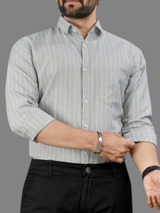 MILDIN Men Striped Formal Grey Shirt