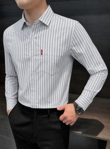 MILDIN Men Striped Formal White Grey Shirt