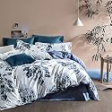 MILDLY 100% Long Staple Cotton Duvet Cover Set Navy Blue Leaves Printed Comforter Cover Set Watercolor Plant Floral Reversible