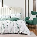 MILDLY King Duvet Cover 3 Pieces Set, 100% Egyptian Cotton Emerald Green Eucalyptus Round Leaves Plant Pattern Printed White Summer Bedding Set with Zipper Closure and Corner Ties (No Comforter)