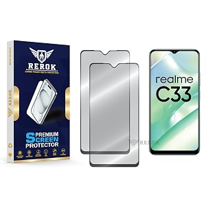 military-grade tempered glass screen protector compatible with realme c33 pack of 2  edge-to-edge oleophobic case friendly easy installation kit