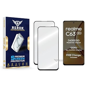 military-grade tempered glass screen protector compatible with realme c63 5g pack of 2  edge-to-edge oleophobic case friendly easy installation kit