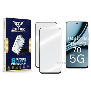 military-grade tempered glass screen protector compatible with realme narzo 70 5g pack of 2  edge-to-edge oleophobic case friendly easy installation kit