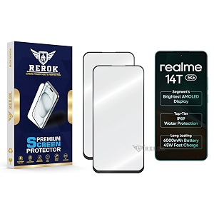 military-grade tempered glass screen protector compatible with realme 14t 5g pack of 2  edge-to-edge oleophobic case friendly easy installation kit