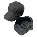 Military Style Cadet Cap, Black Cotton, Ribbed Knit Band, Casual Flat Top Army Hat