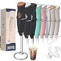 Milk Frother With Stand Handheld Frother Wand Drink Mixer Handheld Coffee Stirrers Electric Frother for Coffee Mixer Wand with 2 Whisk frother for protein powder-Black/Copper