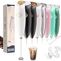 Milk Frother Handheld Frother Wand Drink Mixer Handheld Coffee Stirrers Electric Frother for Coffee Mixer Wand with 2 Whisk frother for protein powder coffee frother handheld-White/Gold