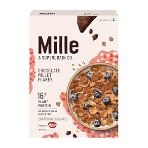 mille chocolate buckwheat breakfast flakes  no refined sugar  gluten free  high plant protein  low carbs  naturally cholesterol free  no corn  kuttu atta  low gi millet grain  450 grams