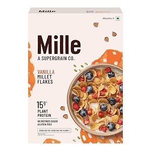mille vanilla buckwheat breakfast flakes   no refined sugar  gluten free  kuttu atta  high plant protein  low carbs  low gi millet grain  naturally cholesterol free 450 grams