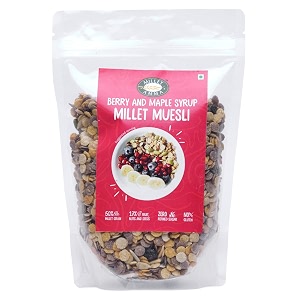 millet amma berries muesli 300 gms pack  coated with berry amp maple syrup  gluten free best choice for millet snacks amp breakfast cereal  rich in fiber 